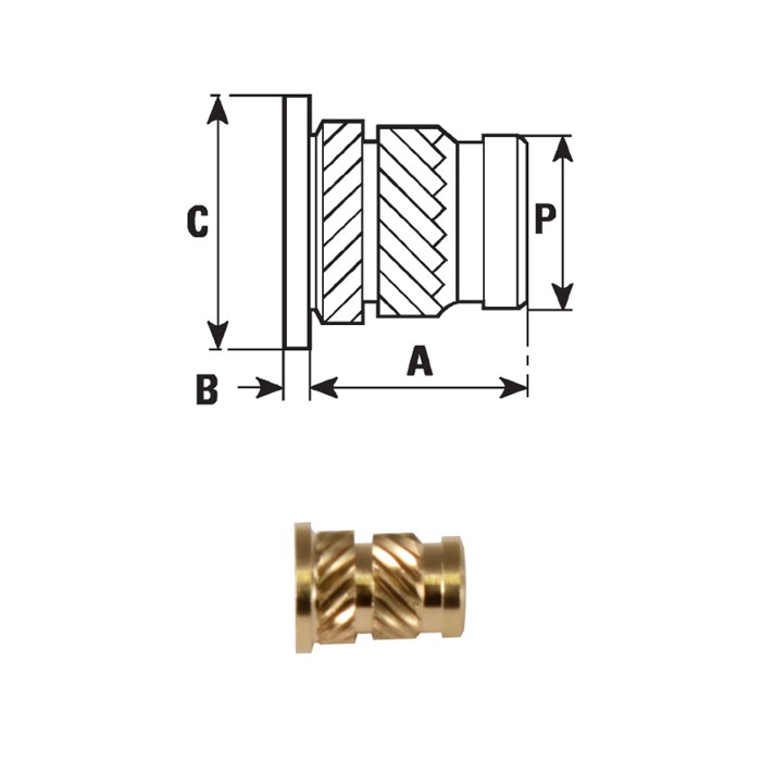 Inserti filettati in ottone tipo FXHSLB inserimento a caldo o ultrasuoni