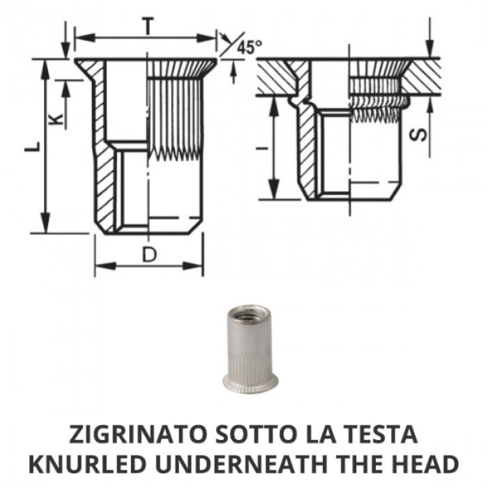 Knurled A4 stainless steel cylindrical threaded inserts - Countersunk head